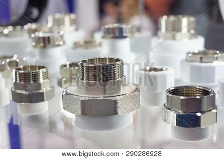 Ppr Plumbing Connection Fittings For Plastic Pipes. Abstract Industrial Background.