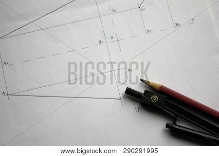 Preparation For Drafting Documents, Drawings, Tools And Diagrams On The Table.