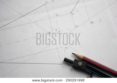 Preparation For Drafting Documents, Drawings, Tools And Diagrams On The Table.