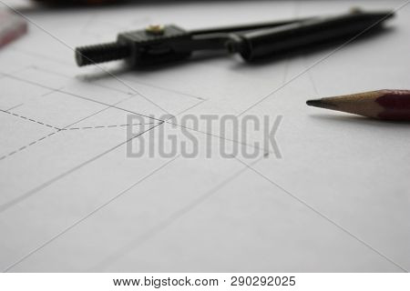 Preparation For Drafting Documents, Drawings, Tools And Diagrams On The Table.