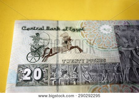 20 Egyptian Pounds Banknotes Large Front Frame. Mohammed Ali Mosque In Cairo, Behind The Painting Of