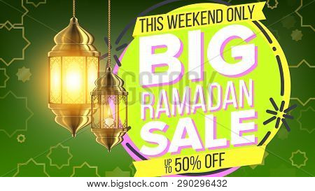 Ramadan Sale Banner Vector. Eid Background. Offer Tag. Super Sale. Islamic Poster. Arabic Template. 