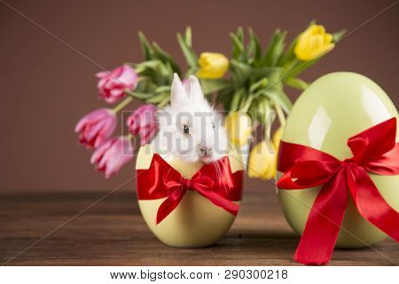 Easter Chickens In A Basket With Eggs. Ellow Easter Chickens In A Colorful Basket With Flowers.