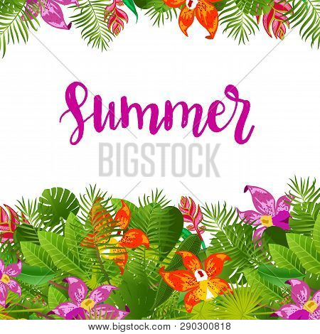 Green Summer Tropical Background With Exotic Palm Leaves, Orchid, Hrliconia, And Hibiscus Flowers. V