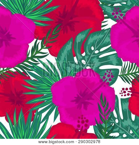 Green Summer Circle Tropical Background With Exotic Palm Leaves, Orchid, Hrliconia, And Hibiscus Flo