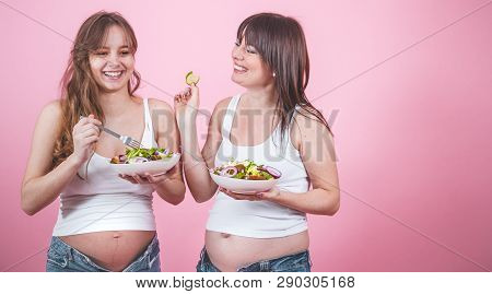 Maternity Concept, Two Pregnant Woman Eating Fresh Salad