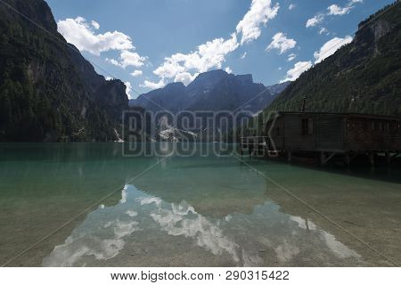 View Of The Braies Lake ( Pragser Wildsee, Also Called Lago Di Braies Or Lake Prags ) In Dolomites M