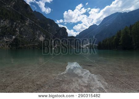 View Of The Braies Lake ( Pragser Wildsee, Also Called Lago Di Braies Or Lake Prags ) In Dolomites M