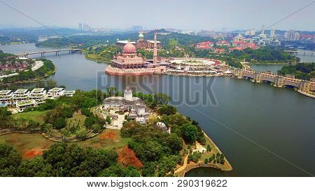 Aerial View Of Putra Mosque With Garden Landscape Design And Putrajaya Lake, Putrajaya. The Most Fam
