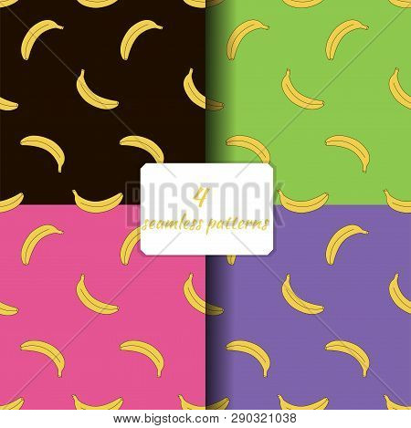 Four Seamless Patterns With Bananas.  Black, Green, Purple, Pink.vector Illustration