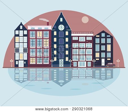 City On The Lake. Cityscape Illustration In Vector