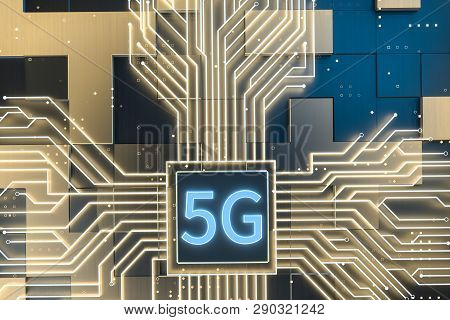 3D Rendering, 5G Font And Circuit Background