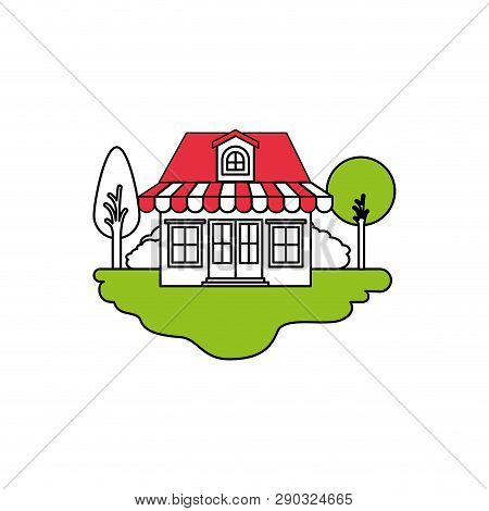 Color Sections Silhouette Scene Of Outdoor Landscape And Store With Awning And Attic Vector Illustra