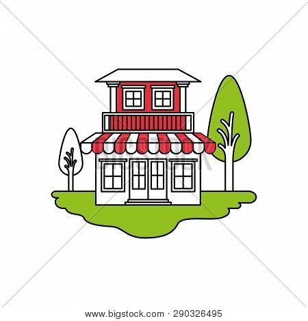 Color Sections Silhouette Scene Of Outdoor Landscape And House With Two Floors With Balcony And Awni