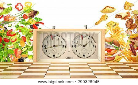 Сoncept Of Confrontation. Harmful And Healthy Food Are On The Opposite Sides Of A Chessboard On A Wh