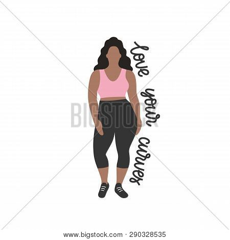 Brunette Nice Plump Woman With Curvy Body, Girl In A Trendy Fashion Sportive Clothes, Flat Vector Il