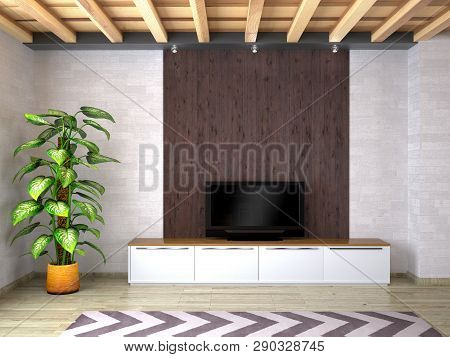 Tv With A White Curbstone On A Wooden Panel Background. 3d Illustration