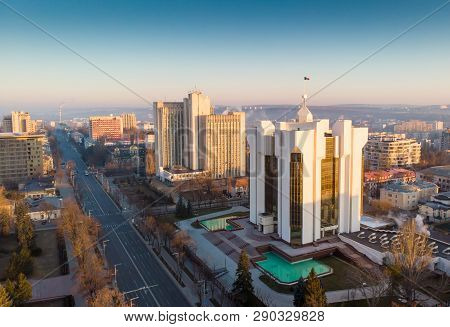Aerial Drone View Of Stefan Cel Mare Central Boulevard At Sunrise In Chisinau With Cars, Moldova