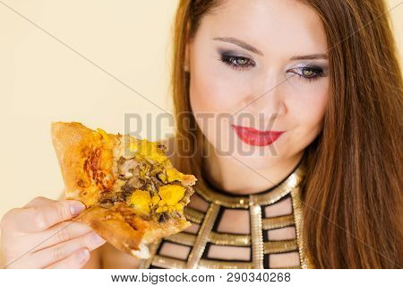 Young Woman Eating Hot Fresh Pizza Slice. Delicious Fast Food Meal. People, Italian Cuisine Concept.