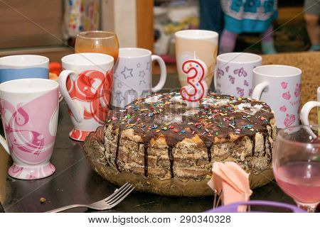 Cake For Birthday Celebration On Table With A Few Cups For Tea Coffee Tasty