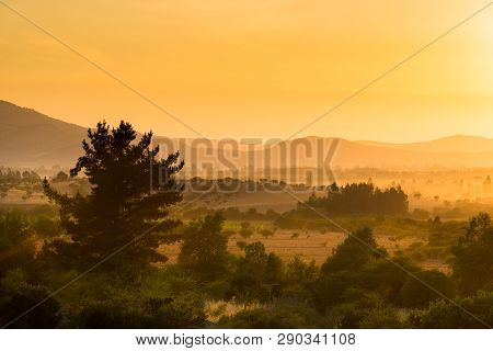 Dawn In The Crop Fields And Farms At Region Del Maule In Central Chile