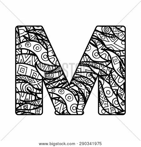 Vector Character From Latin Alphabet With Ornate Ornament. Letter For Colorig Book.