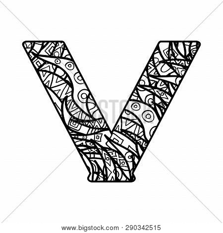 Vector Character From Latin Alphabet With Ornate Ornament. Letter For Colorig Book.