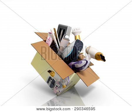 Concept Of Product Categories Small Household Appliances In The Box 3d Render On White Background