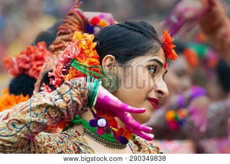 Kolkata , India - March 1, 2018: Expression Of Girl Dancer, Dressed In Traditional Indian Sari And P
