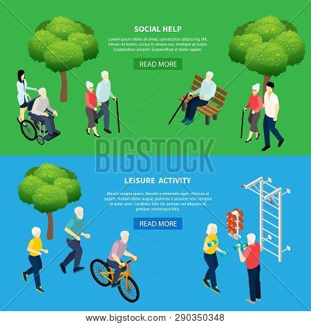 Isometric Horizontal Banners Social Help For Elderly Persons And Leisure Activity Of Pensioners Isol