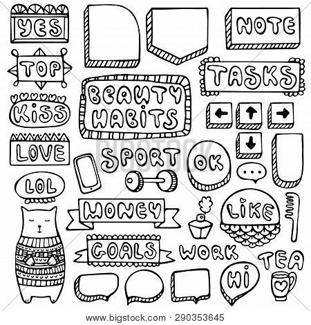 Bullet Journal Hand Drawn Vector Elements For Notebook, Diary And Planner. Doodle Frames Set Isolate