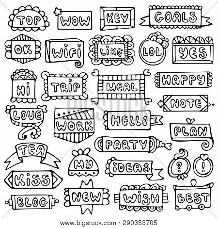 Bullet Journal Hand Drawn Vector Elements For Notebook, Diary And Planner. Doodle Frames Set Isolate