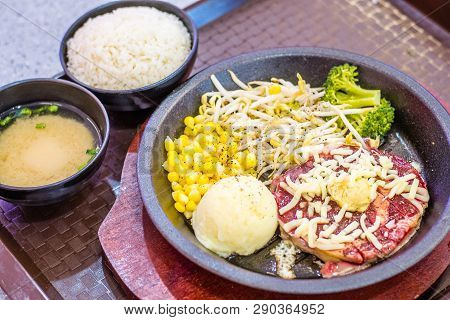 Sizzling Hotplate Ribeye Steak With Corn, Beansprout, Broccoli,  Rice And Miso Soup.