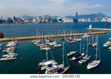 Causeway Bay, Hong Kong 22 February 2019: Hong Kong harbor front and typhoon shelter