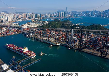 Kwai Tsing, Hong Kong, 12 February 2019:- Top view of Kwai Tsing Container Terminals