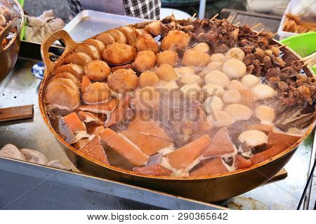 Japan Cuisine - Oden Food In Soy Broth. Typical Japanese Winter Dish With Tofu, Eggs And Daikon.