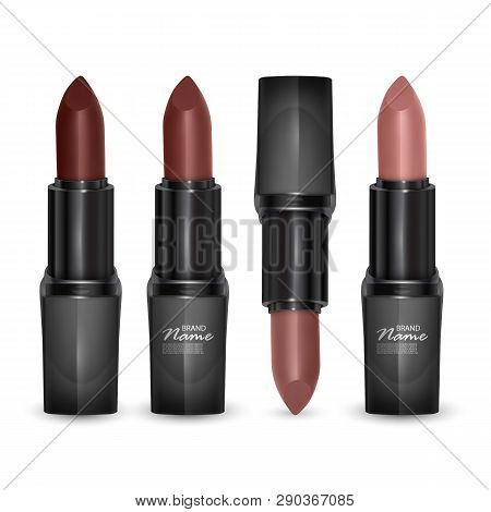Set Of Lipsticks Of Colors From Brown To Bodily, Lipsticks On Transparent Background, Vector Eps 10 