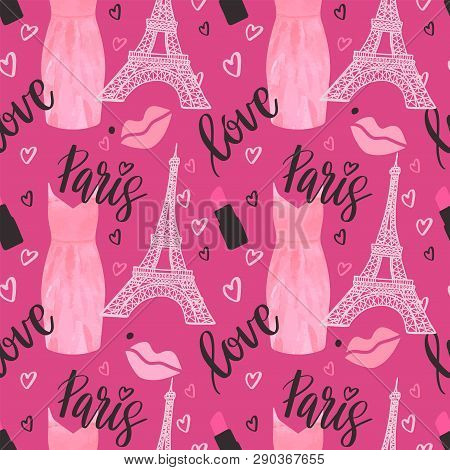 Seamless Paris Pattern With Eiffel Tower, Lipstick, Red Lips And Dress. French Vector Background. Pe