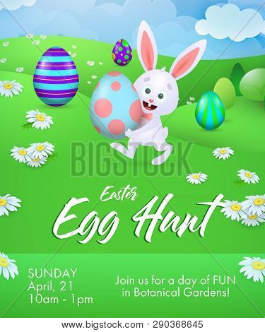 Egg Hunt Lettering With Rabbit Carrying Egg. Easter Invitation. Handwritten Text, Calligraphy. For L