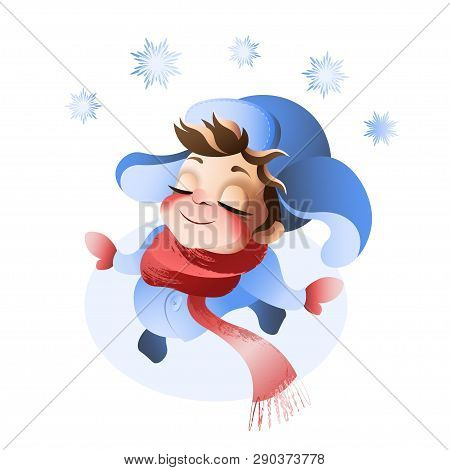 Little Boy Rotates Under The First Snow. Hello Winter.