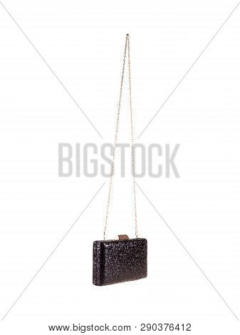 Black Elegant Women Sequin Bag With Strap Of Golden Fine Chain