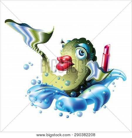 Fish And Lipstick. Big Red Lips. Illustration  Isolated On White Background.