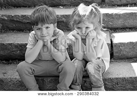 Childhood First Love. Summer Holiday And Vacation. Small Girl And Boy On Stairs. Relations. Couple O