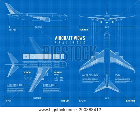 Aviation Industrial Dimensioned Drawing Blueprint Of Outline Airplane Top Side And Front Views Reali
