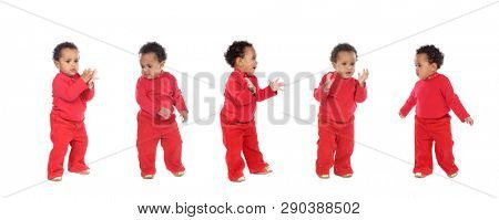 Five happy babies dancing and claping isolated on a white background