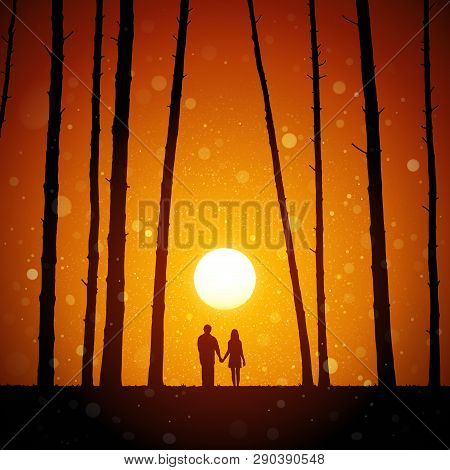 Lovers In Forest At Red Sunset. Vector Conceptual Illustration With Silhouette Of Loving Couple. Sum