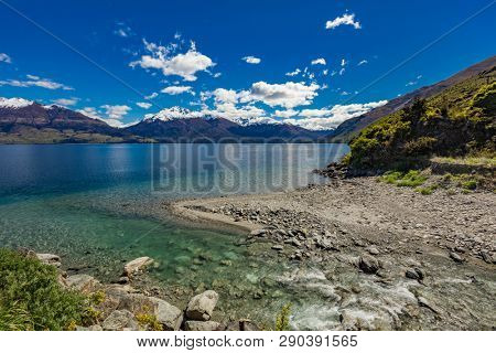 Aerial drone view of north side of Lake Wanaka at Makarora, South Island, New Zealand