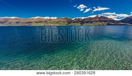 Aerial drone view of north side of Lake Wanaka at Makarora, South Island, New Zealand