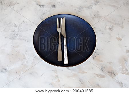 Ceramic Plate Pastel Colors Cutlery Fork Knife Dish Background Copy Space