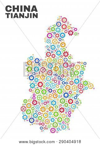 Mosaic Technical Tianjin City Map Isolated On A White Background. Vector Geographic Abstraction In D